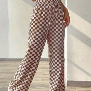 Brown and White Checkered Women's Pants
